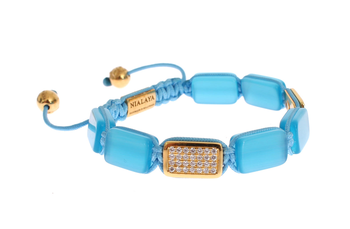 Nialaya Women's Blue Opal & 18K Gold 925 Silver CZ Flatbead Bracelet – Signature Lock, Handmade in Hollywood