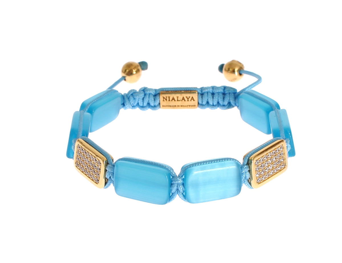 Nialaya Women's Blue Opal & 18K Gold 925 Silver CZ Flatbead Bracelet – Signature Lock, Handmade in Hollywood