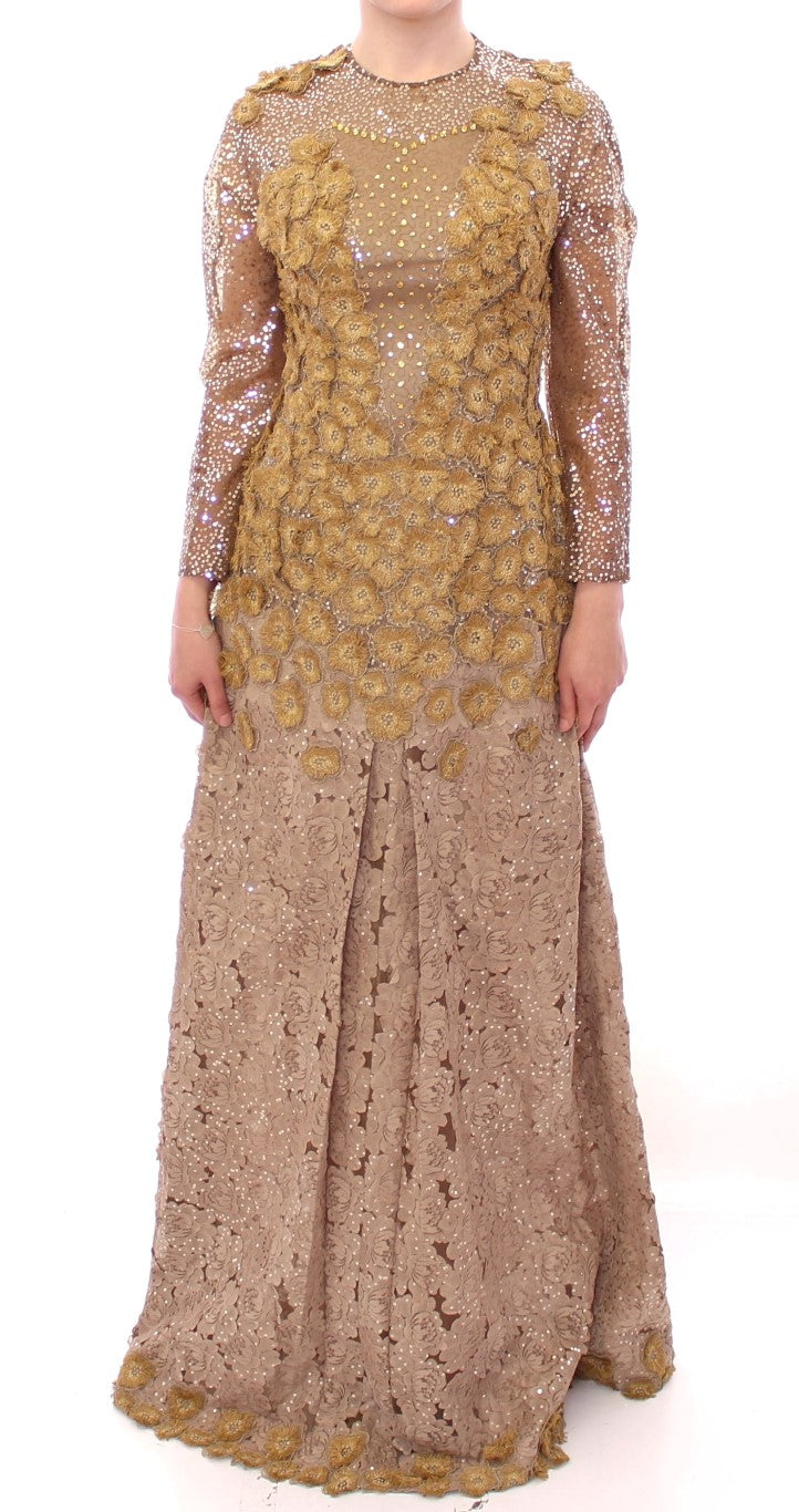 Lanre Da Silva Ajayi Women's Gold Long Lace Maxi Dress – Crystal Embellishment, Handcrafted Nigerian Luxury