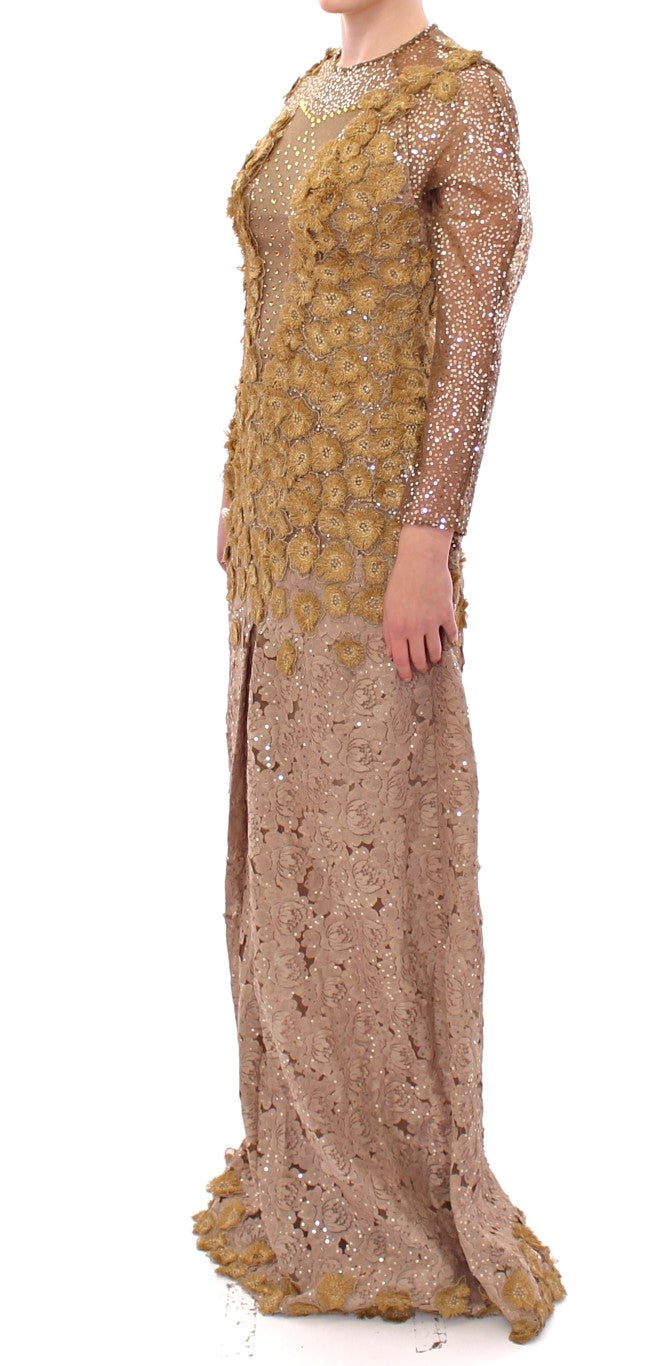 Lanre Da Silva Ajayi Women's Gold Long Lace Maxi Dress – Crystal Embellishment, Handcrafted Nigerian Luxury