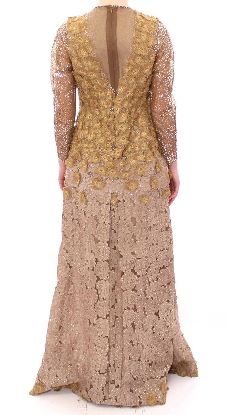 Lanre Da Silva Ajayi Women's Gold Long Lace Maxi Dress – Crystal Embellishment, Handcrafted Nigerian Luxury