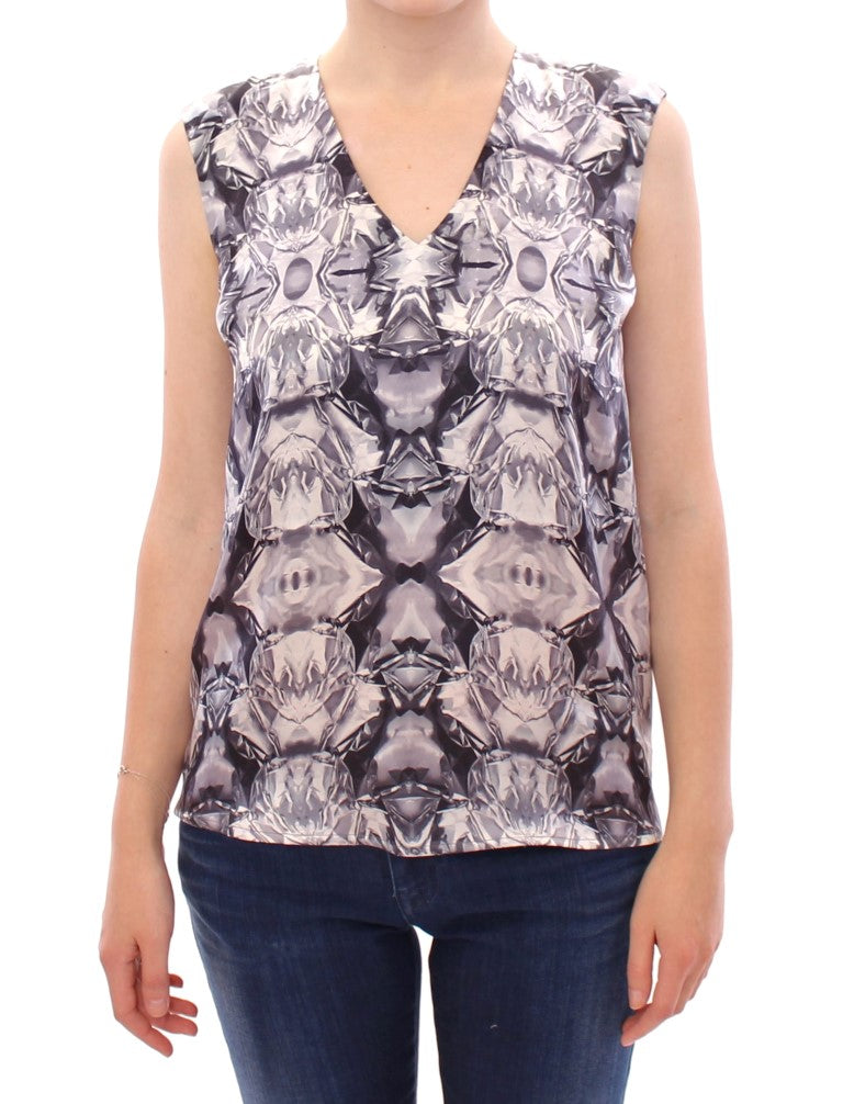 Arzu Kaprol Women's Gray, Blue & White Silk Sleeveless Blouse – Logo Detail, 100% Silk