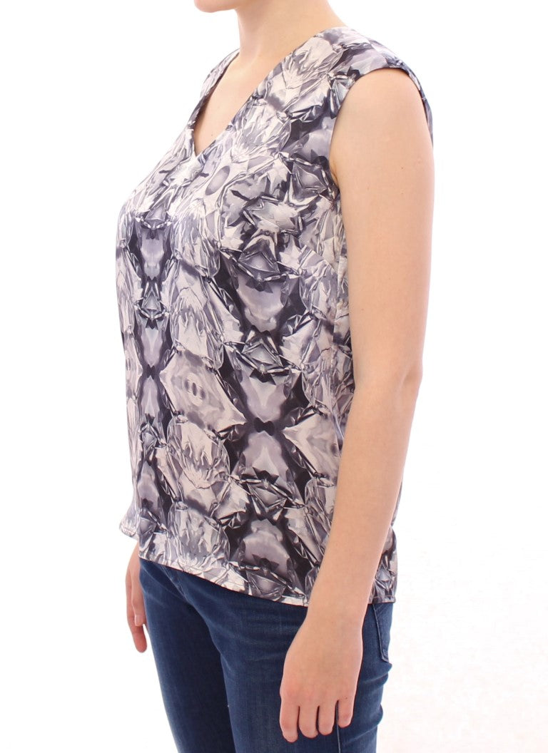 Arzu Kaprol Women's Gray, Blue & White Silk Sleeveless Blouse – Logo Detail, 100% Silk