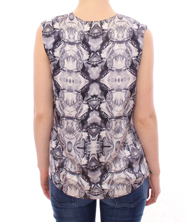 Arzu Kaprol Women's Gray, Blue & White Silk Sleeveless Blouse – Logo Detail, 100% Silk