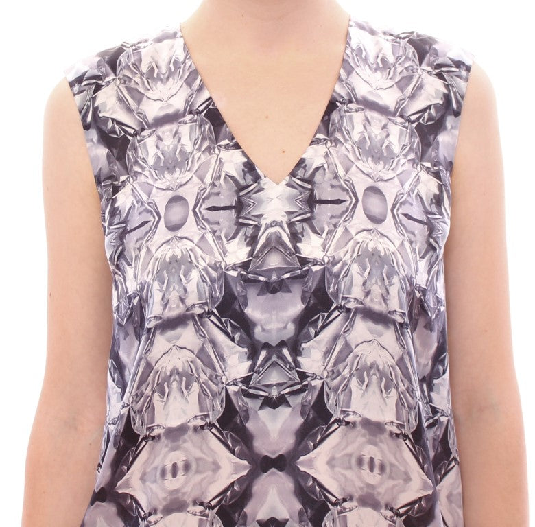 Arzu Kaprol Women's Gray, Blue & White Silk Sleeveless Blouse – Logo Detail, 100% Silk