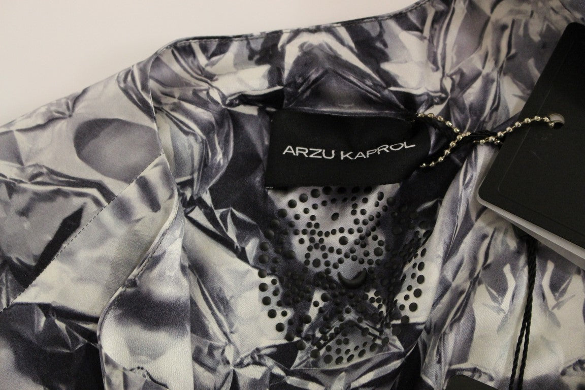 Arzu Kaprol Women's Gray, Blue & White Silk Sleeveless Blouse – Logo Detail, 100% Silk