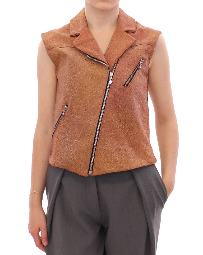 La Maison du Couturier Brown Leather Sleeveless Vest Jacket – Front Zip, Front Pockets, Made in Italy