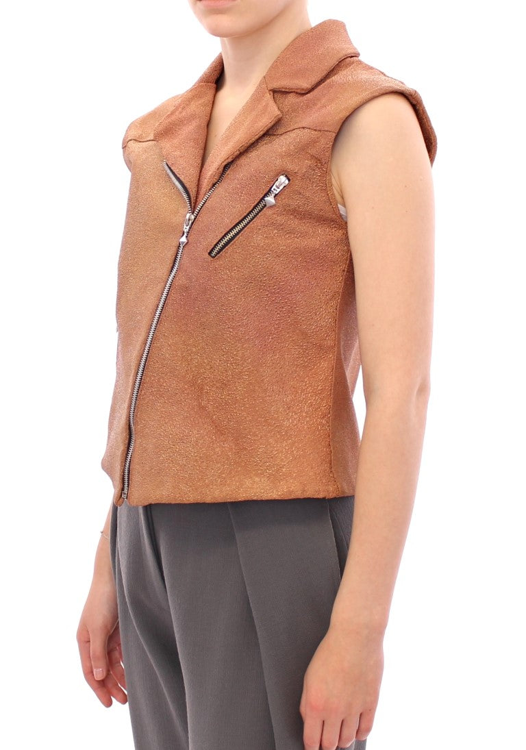 La Maison du Couturier Brown Leather Sleeveless Vest Jacket – Front Zip, Front Pockets, Made in Italy