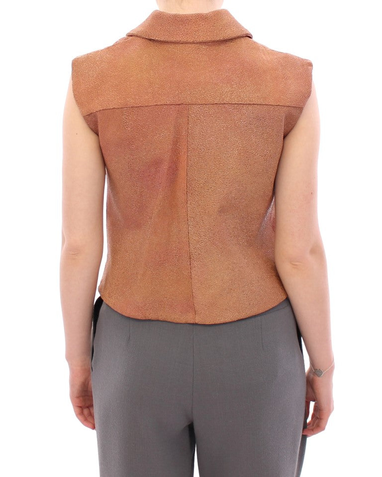 La Maison du Couturier Brown Leather Sleeveless Vest Jacket – Front Zip, Front Pockets, Made in Italy