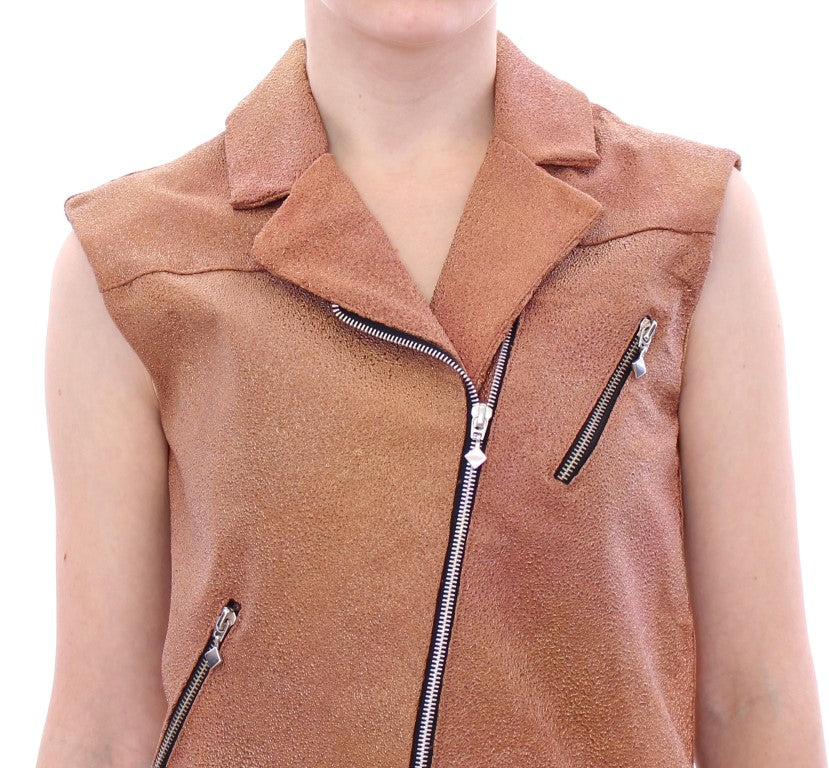 La Maison du Couturier Brown Leather Sleeveless Vest Jacket – Front Zip, Front Pockets, Made in Italy