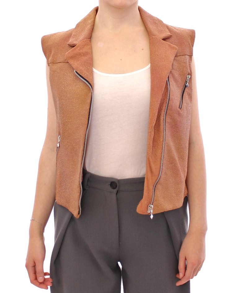 La Maison du Couturier Brown Leather Sleeveless Vest Jacket – Front Zip, Front Pockets, Made in Italy
