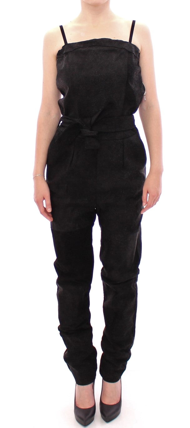 La Maison du Couturier Black Leather Jumpsuit – Spaghetti Straps, Waist Strap, 4 Pockets, Made in Italy