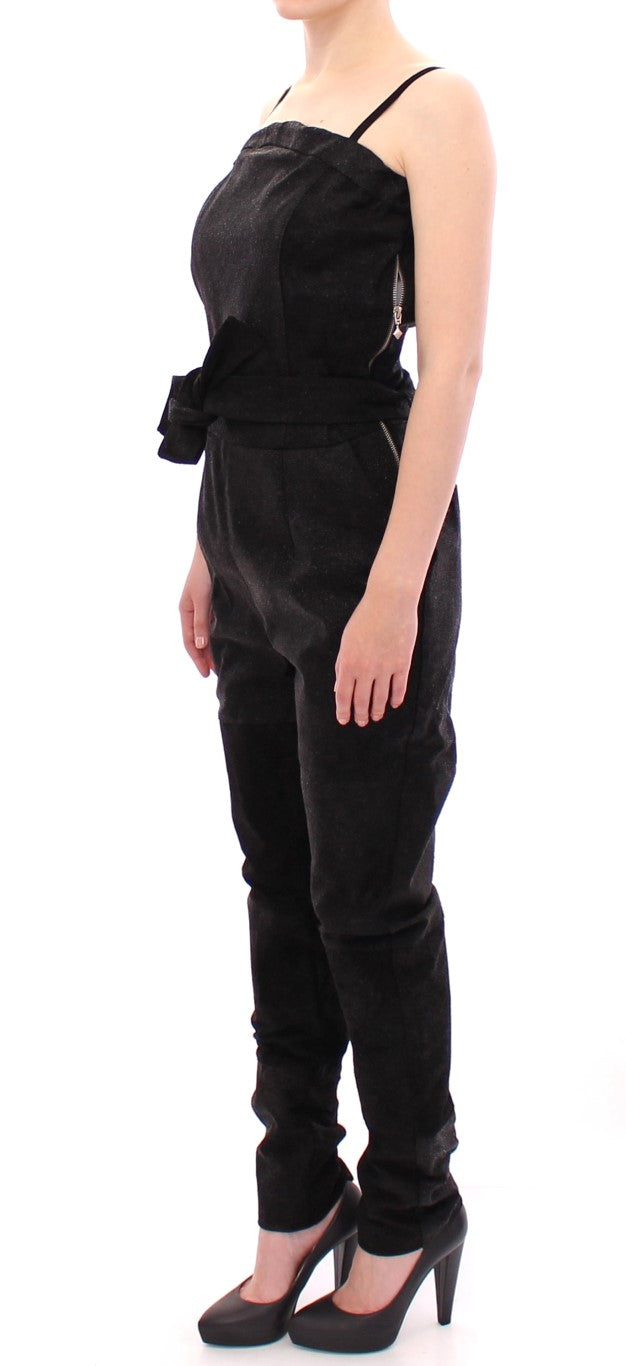La Maison du Couturier Black Leather Jumpsuit – Spaghetti Straps, Waist Strap, 4 Pockets, Made in Italy