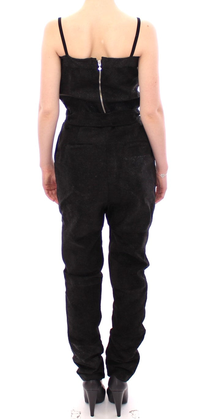 La Maison du Couturier Black Leather Jumpsuit – Spaghetti Straps, Waist Strap, 4 Pockets, Made in Italy
