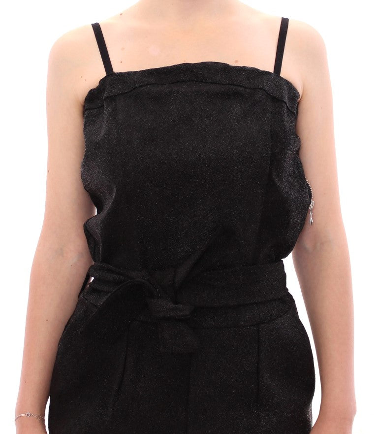 La Maison du Couturier Black Leather Jumpsuit – Spaghetti Straps, Waist Strap, 4 Pockets, Made in Italy