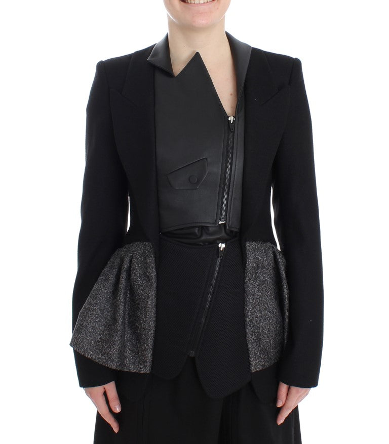 KAALE SUKTAE Women's Black & Gray Short Biker Blazer Jacket – Zip Front, Logo Detail