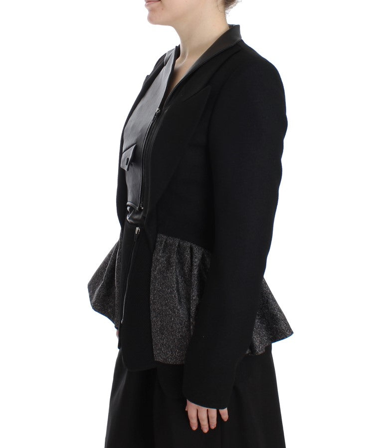 KAALE SUKTAE Women's Black & Gray Short Biker Blazer Jacket – Zip Front, Logo Detail