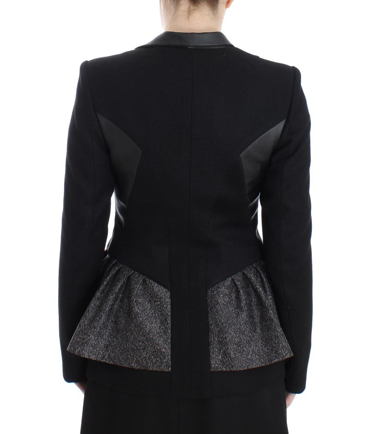 KAALE SUKTAE Women's Black & Gray Short Biker Blazer Jacket – Zip Front, Logo Detail
