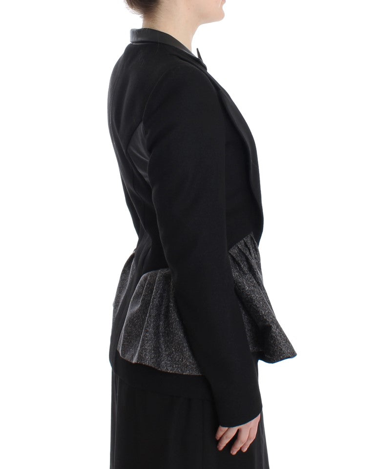 KAALE SUKTAE Women's Black & Gray Short Biker Blazer Jacket – Zip Front, Logo Detail