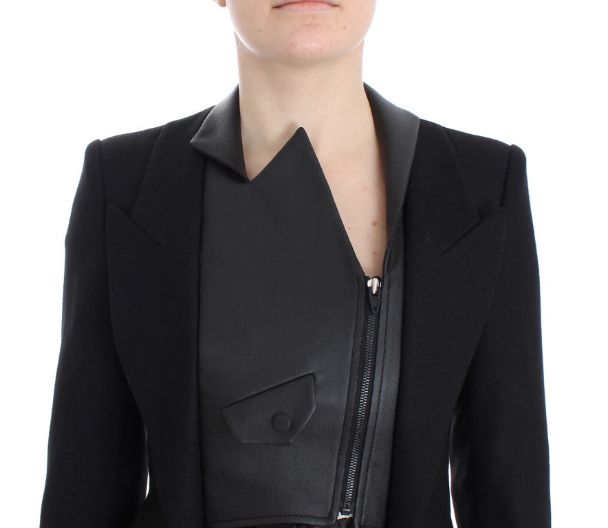 KAALE SUKTAE Women's Black & Gray Short Biker Blazer Jacket – Zip Front, Logo Detail