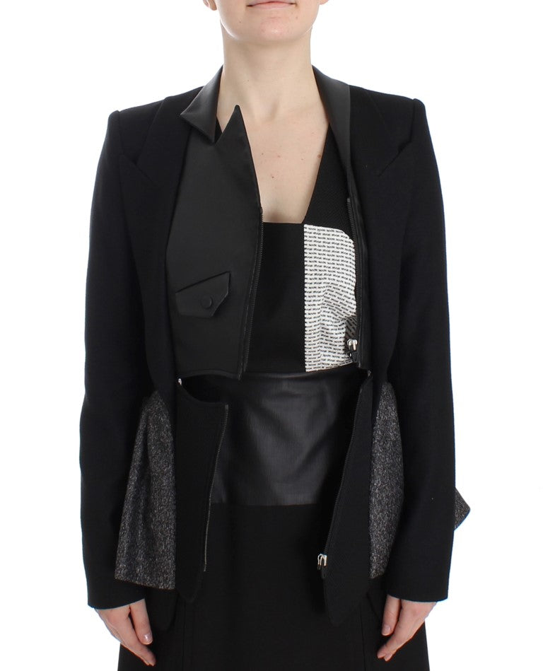 KAALE SUKTAE Women's Black & Gray Short Biker Blazer Jacket – Zip Front, Logo Detail