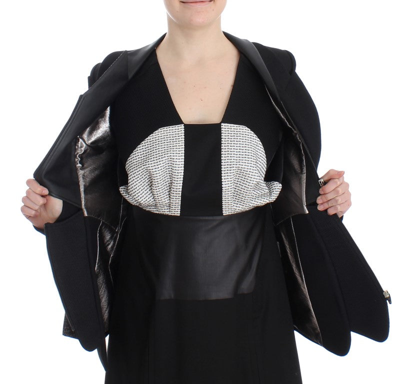 KAALE SUKTAE Women's Black & Gray Short Biker Blazer Jacket – Zip Front, Logo Detail