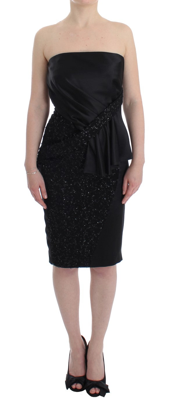 Masha Ma Black Strapless Embellished Knee-Length Pencil Dress – Back Zip, Wool-Viscose Blend