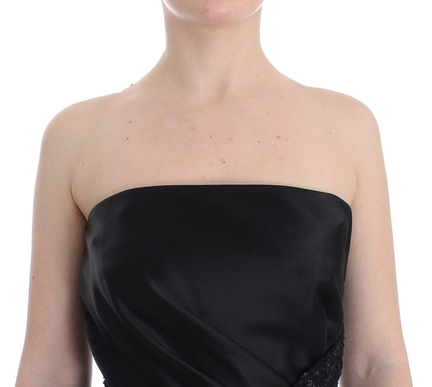 Masha Ma Black Strapless Embellished Knee-Length Pencil Dress – Back Zip, Wool-Viscose Blend