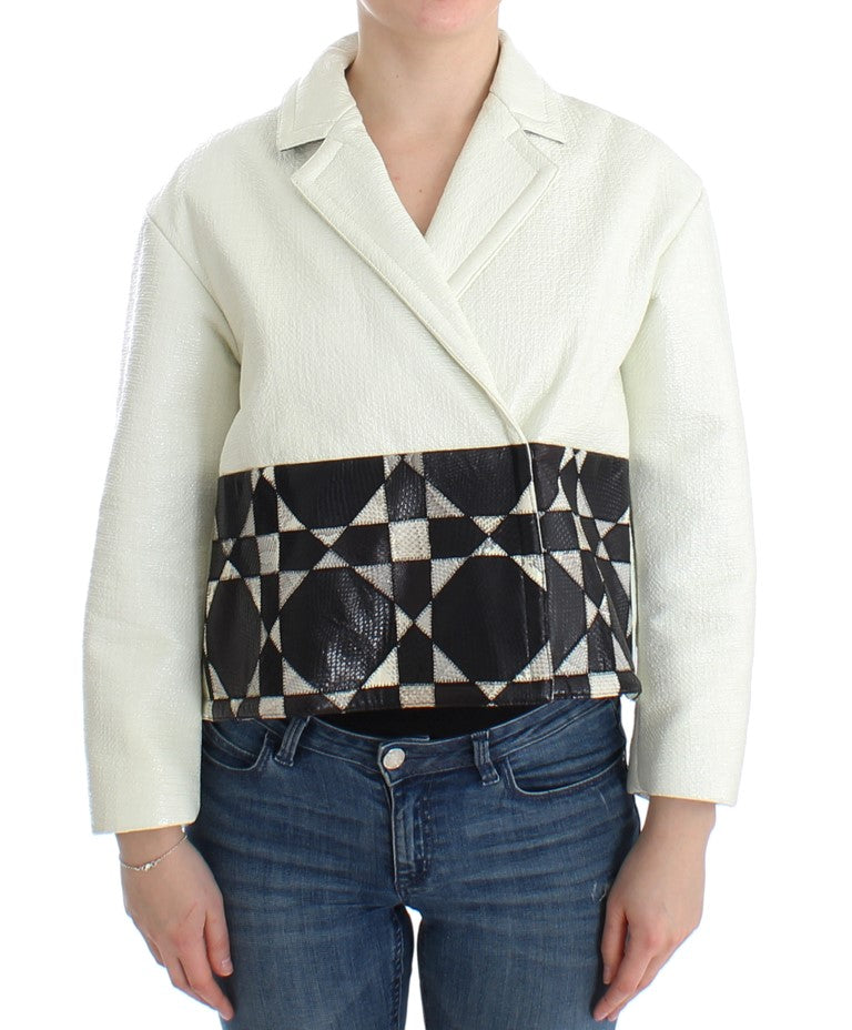 Andrea Pompilio Women's White & Black Cropped Oversized Leather Jacket – Snap Button, Logo Detail