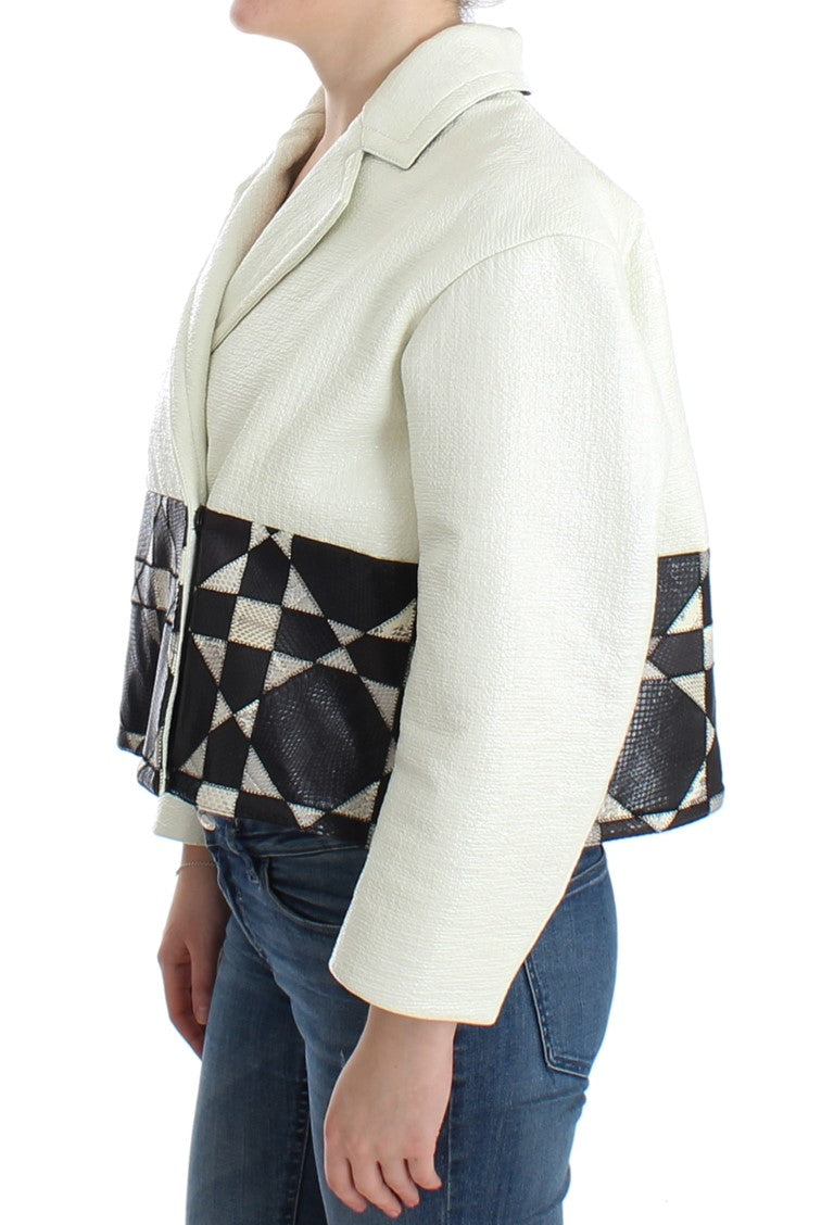 Andrea Pompilio Women's White & Black Cropped Oversized Leather Jacket – Snap Button, Logo Detail