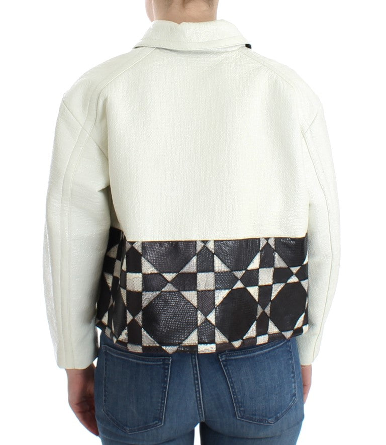 Andrea Pompilio Women's White & Black Cropped Oversized Leather Jacket – Snap Button, Logo Detail