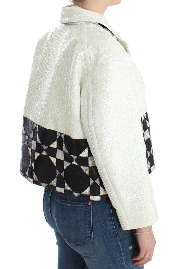 Andrea Pompilio Women's White & Black Cropped Oversized Leather Jacket – Snap Button, Logo Detail