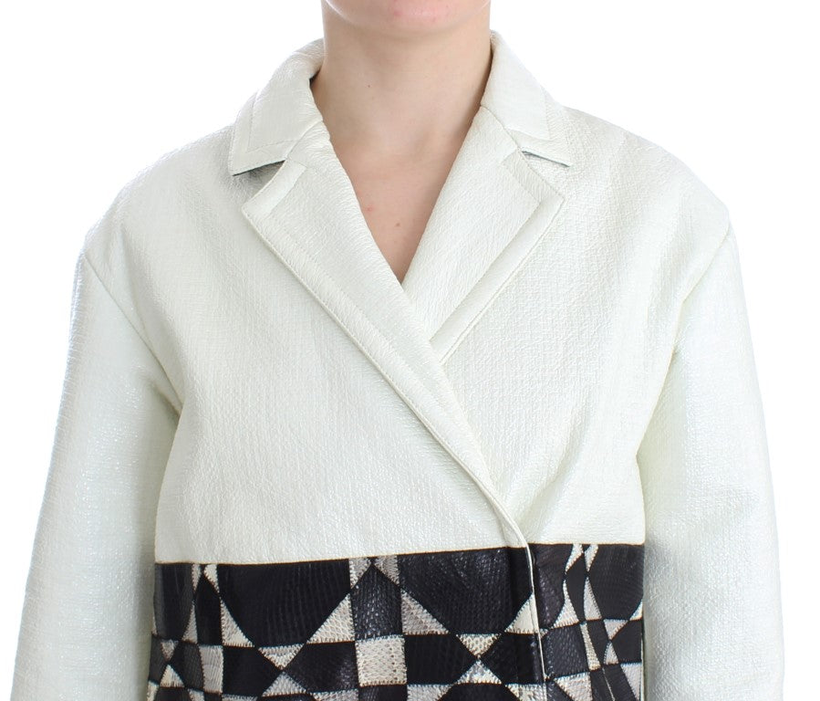 Andrea Pompilio Women's White & Black Cropped Oversized Leather Jacket – Snap Button, Logo Detail