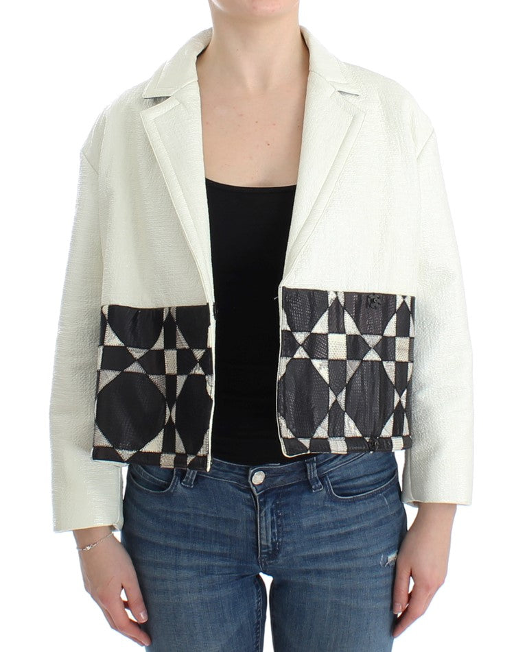 Andrea Pompilio Women's White & Black Cropped Oversized Leather Jacket – Snap Button, Logo Detail