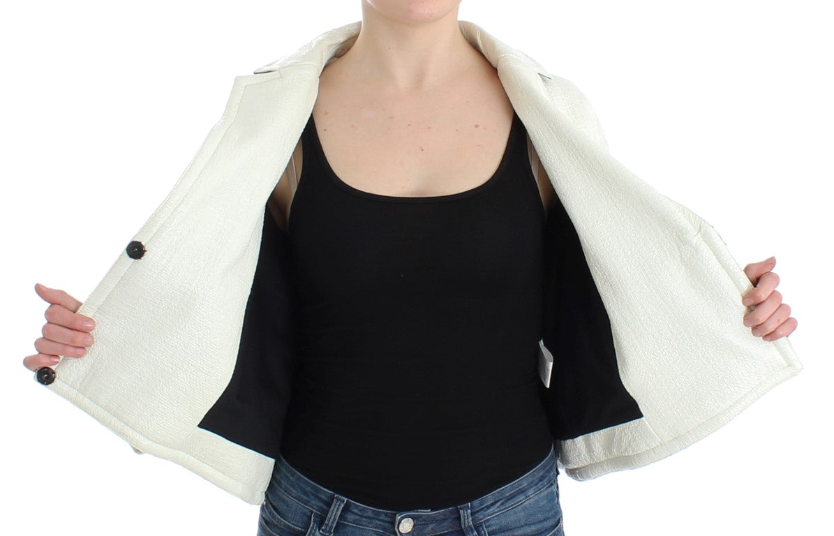 Andrea Pompilio Women's White & Black Cropped Oversized Leather Jacket – Snap Button, Logo Detail