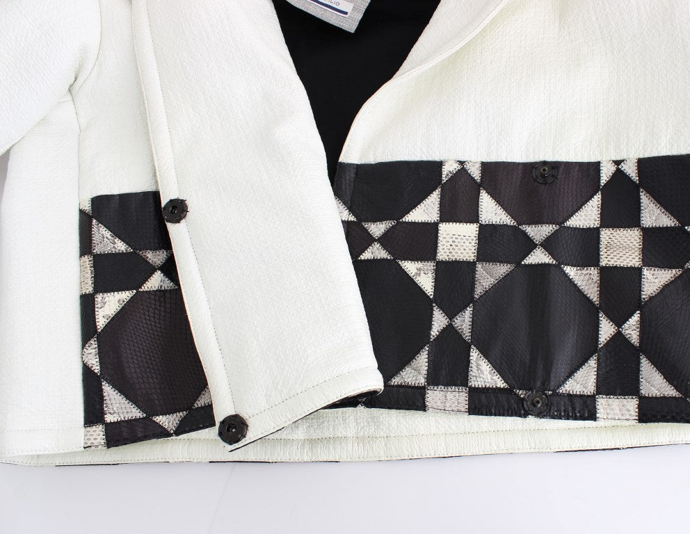 Andrea Pompilio Women's White & Black Cropped Oversized Leather Jacket – Snap Button, Logo Detail