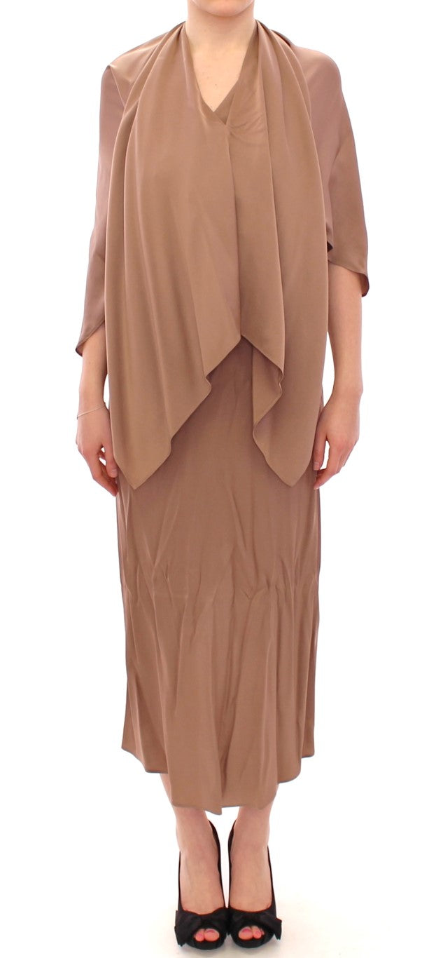 Lamberto Petri Brown Draped Silk Shift Dress – Sleeveless, Mid-Calf, Logo Detail, Made in Italy