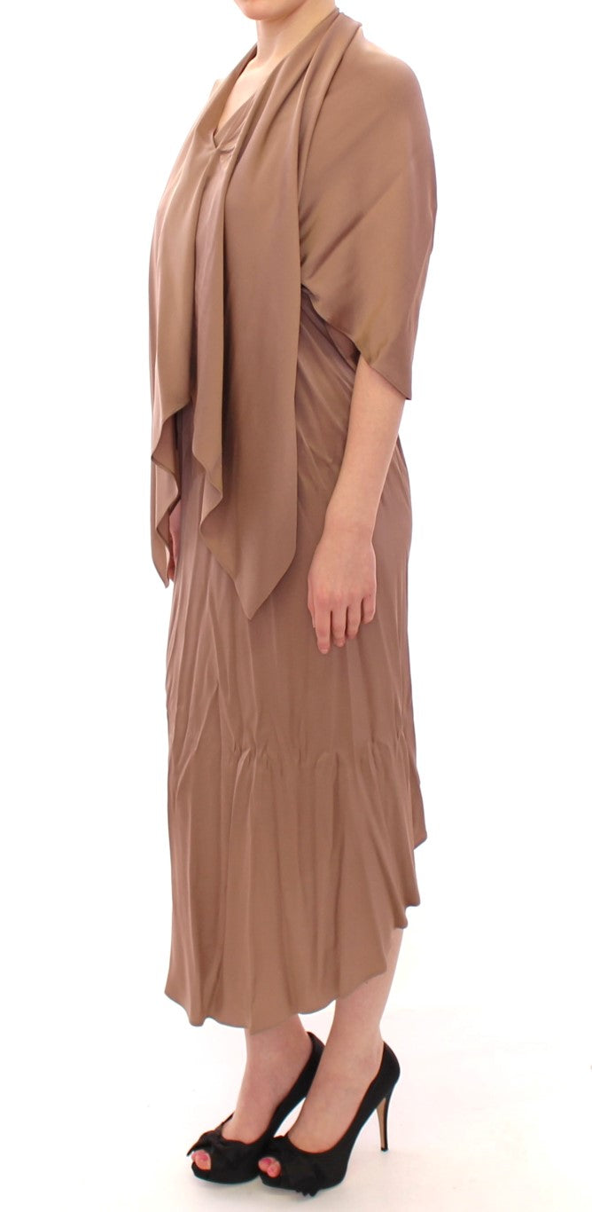 Lamberto Petri Brown Draped Silk Shift Dress – Sleeveless, Mid-Calf, Logo Detail, Made in Italy