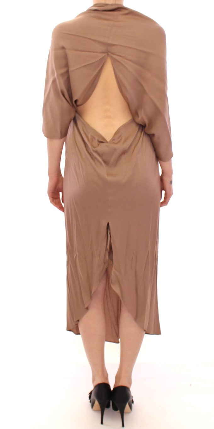 Lamberto Petri Brown Draped Silk Shift Dress – Sleeveless, Mid-Calf, Logo Detail, Made in Italy
