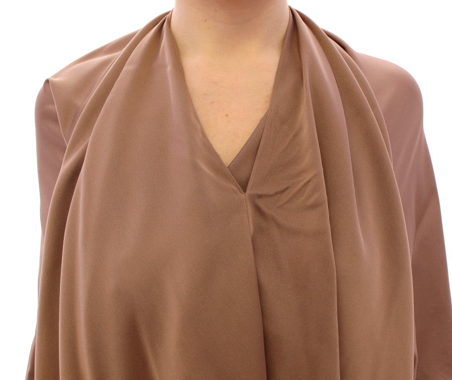 Lamberto Petri Brown Draped Silk Shift Dress – Sleeveless, Mid-Calf, Logo Detail, Made in Italy
