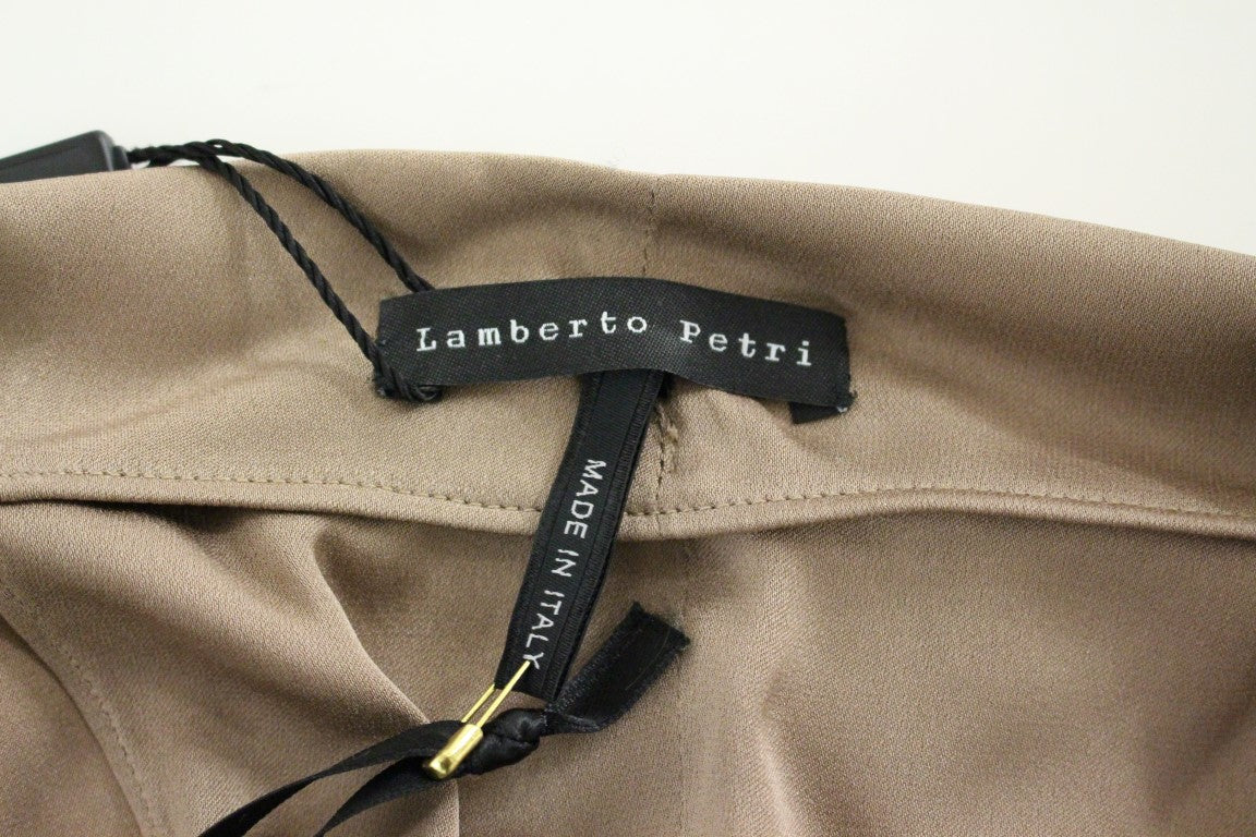 Lamberto Petri Brown Draped Silk Shift Dress – Sleeveless, Mid-Calf, Logo Detail, Made in Italy