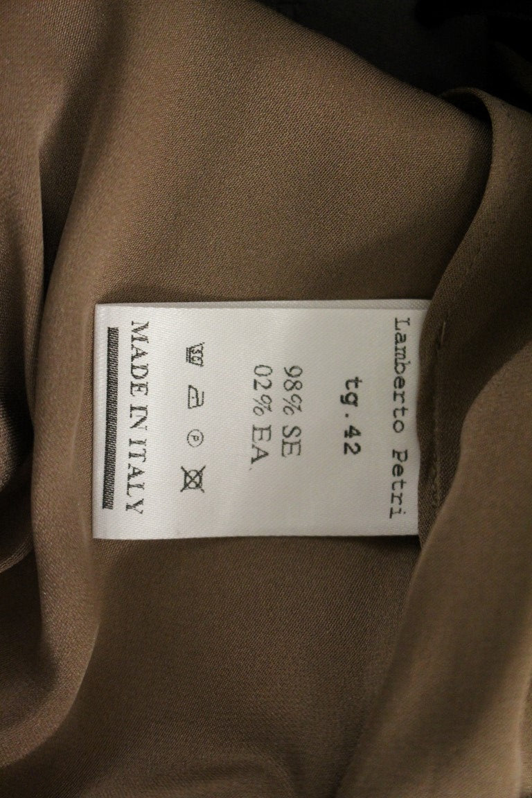 Lamberto Petri Brown Draped Silk Shift Dress – Sleeveless, Mid-Calf, Logo Detail, Made in Italy