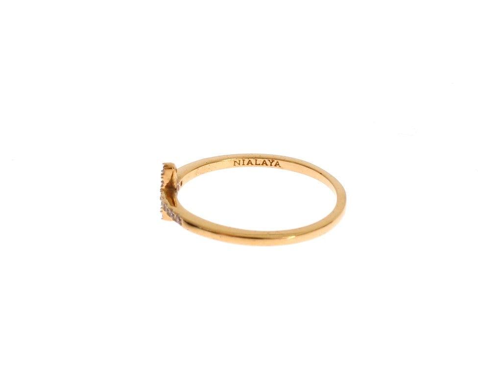 Nialaya Women's Gold 18K Plated 925 Silver CZ Crystal Ring – Logo Detail, Handmade in Hollywood
