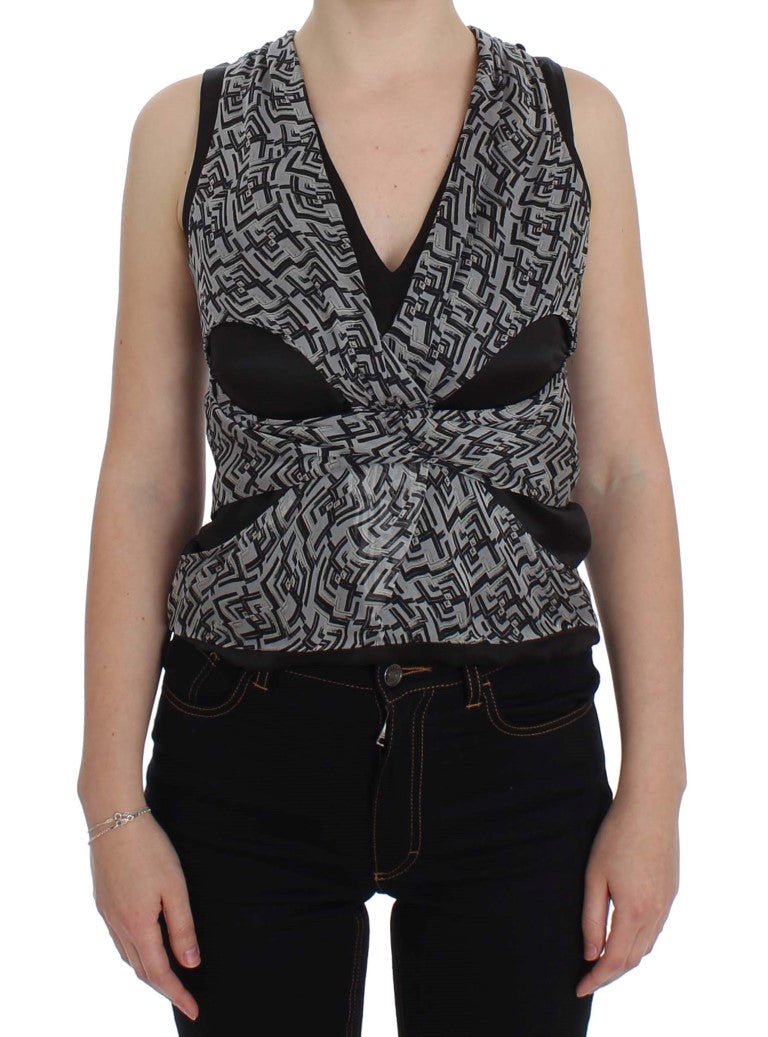 Karl Lagerfeld Women's Gray & Black Silk Blouse Top – Signature Design, Luxury Ready-to-Wear