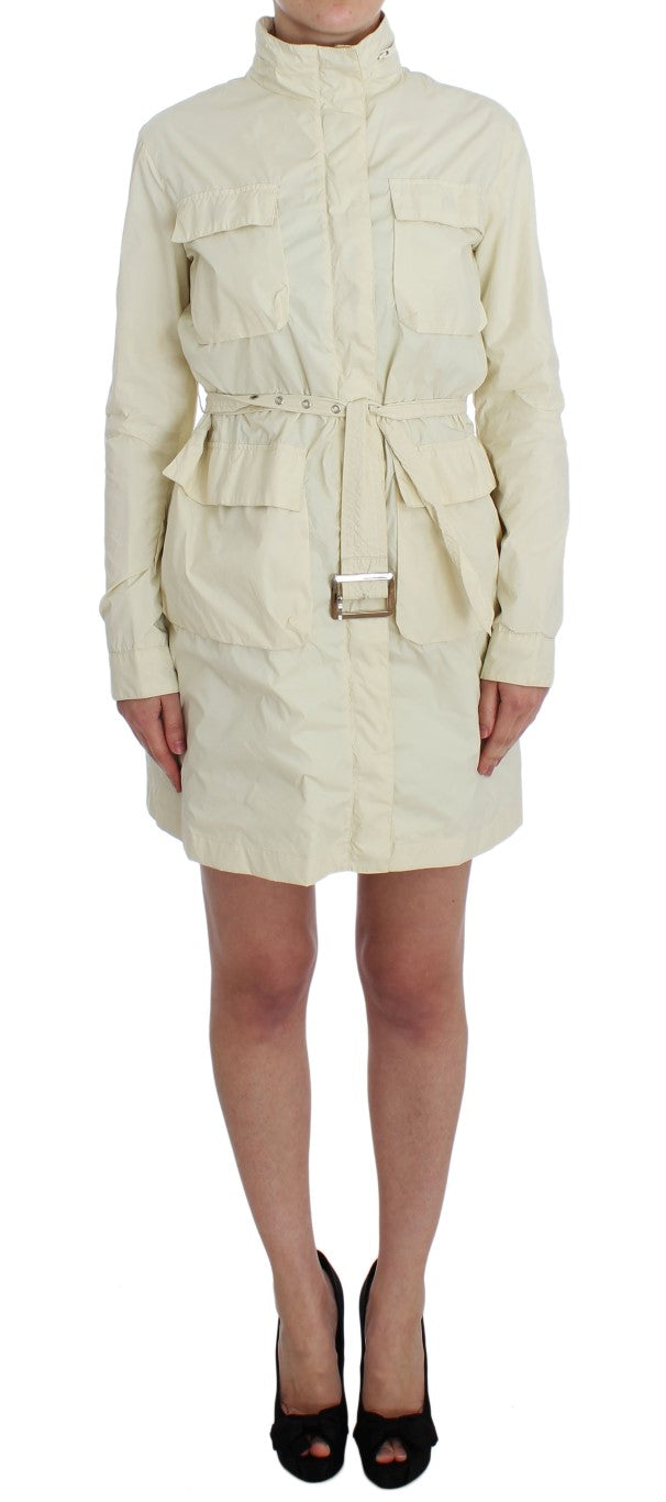 P.A.R.O.S.H. Women's Beige Weatherproof Trench Jacket Coat – Full Zip & Button, Waist Belt, 100% Nylon