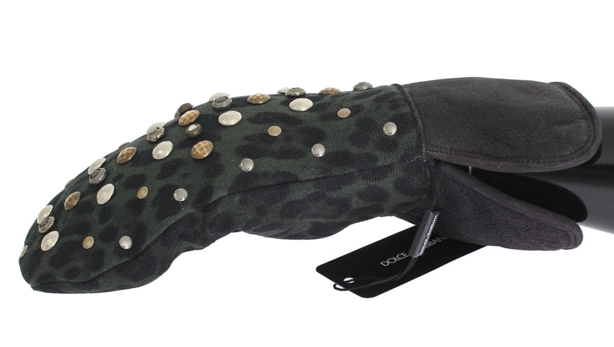 Dolce & Gabbana Gray Wool Shearling Studded Green Leopard Gloves
