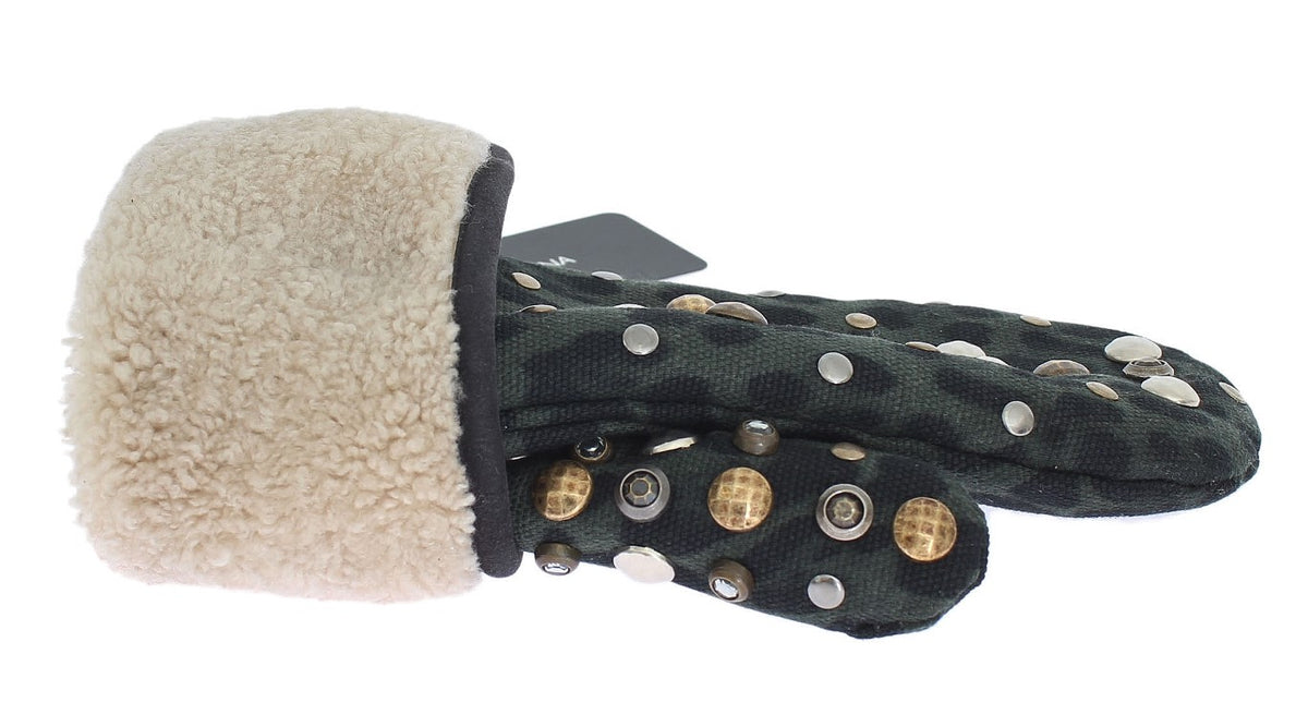 Dolce & Gabbana Gray Wool Shearling Studded Green Leopard Gloves
