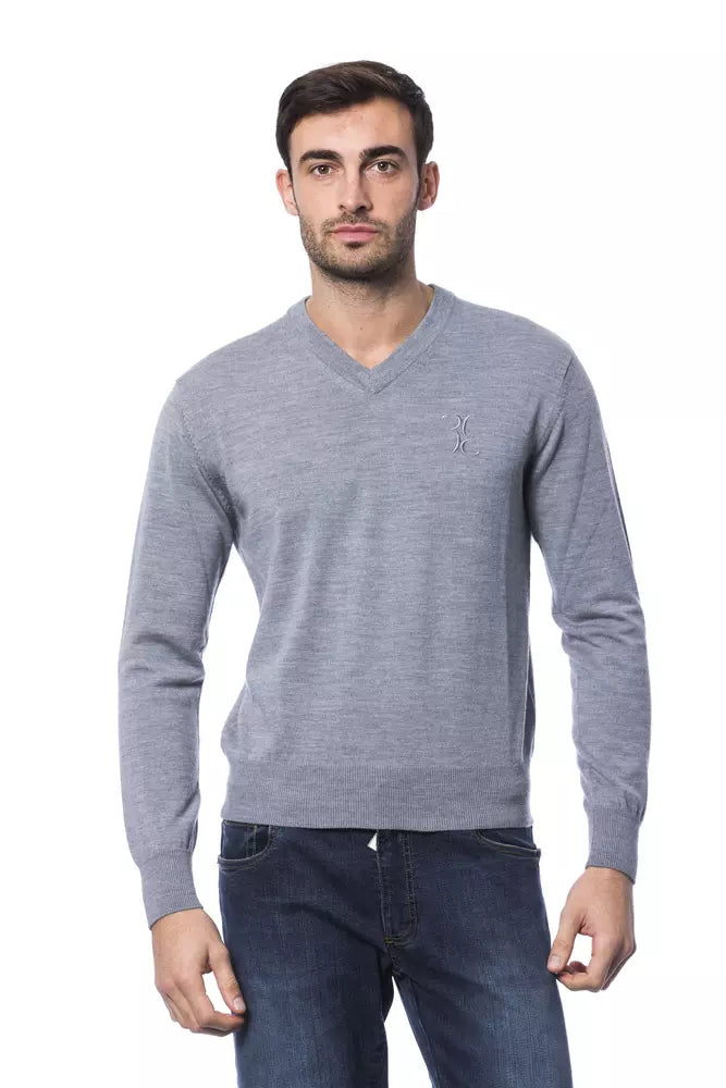 Billionaire Italian Couture Men's Gray Merino Wool Crewneck Sweater – Logo Detail, Italian Luxury Knitwear (Style 2)