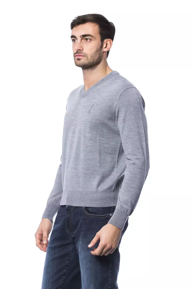 Billionaire Italian Couture Men's Gray Merino Wool Crewneck Sweater – Logo Detail, Italian Luxury Knitwear (Style 2)