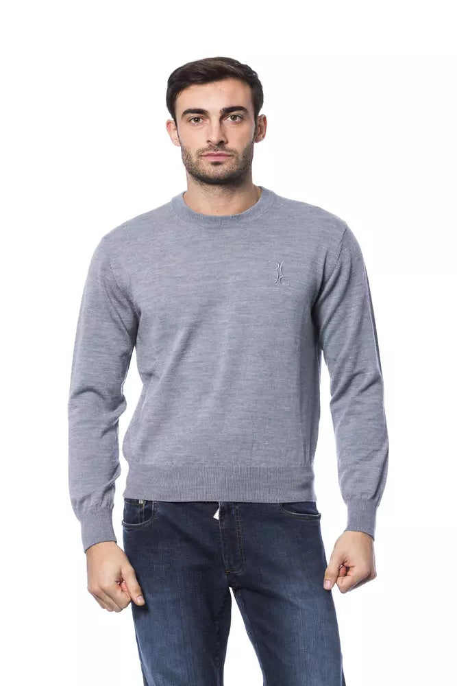 Billionaire Italian Couture Men's Gray Merino Wool Crewneck Sweater – Logo Detail, Italian Luxury Knitwear